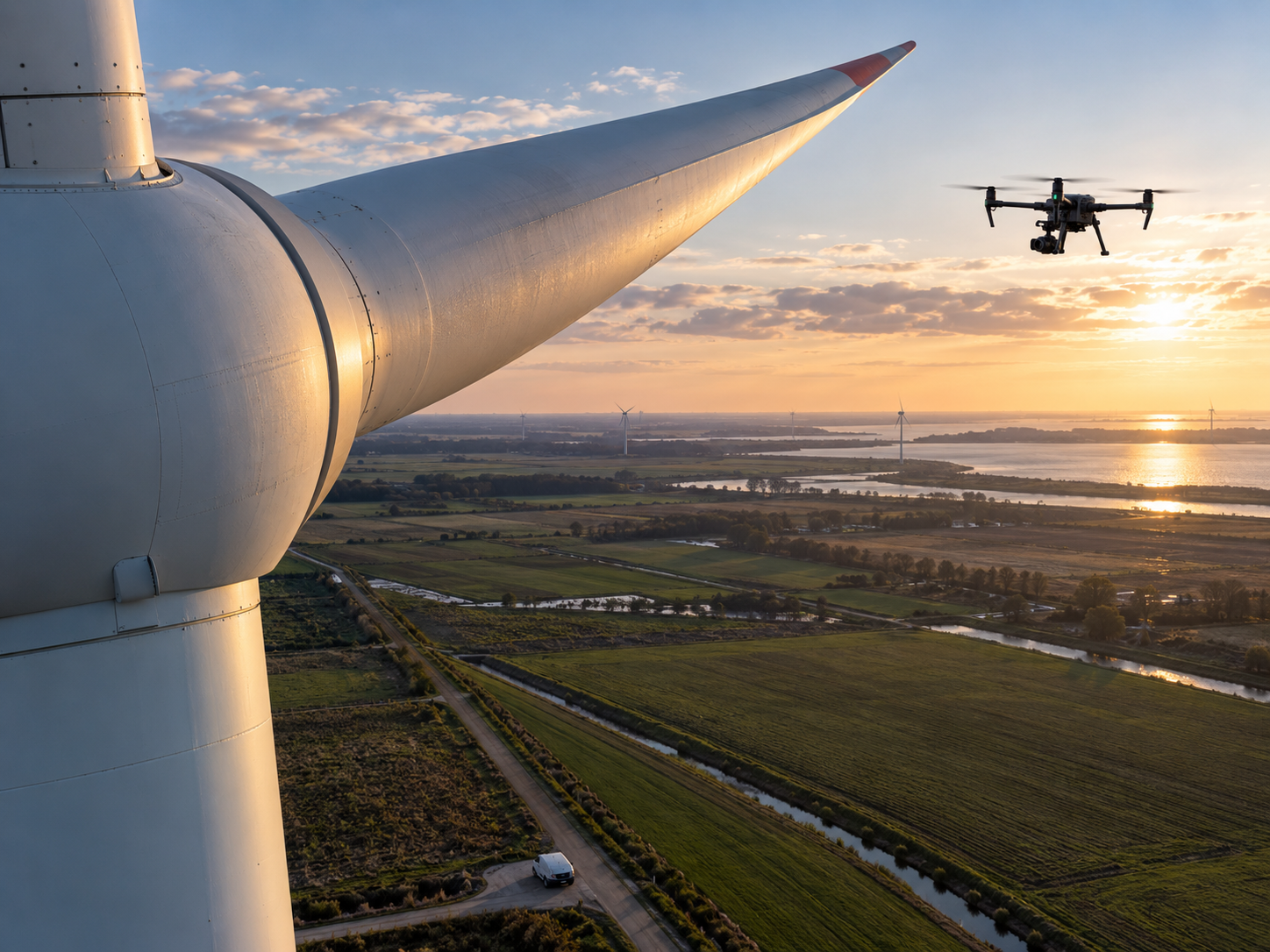 KI-generiertes Motiv einer Windkraft-Inspektion per Drohne
