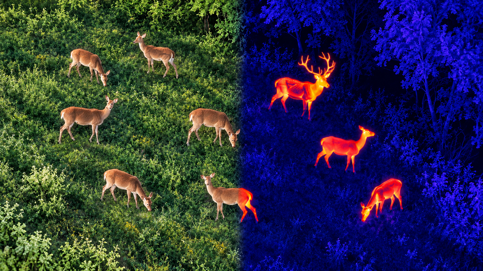 Tageslicht- und Thermalmotiv von Rotwild fuer Wildtiermonitoring